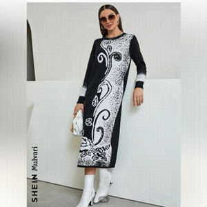 Mulvari Floral Pattern Colour block White Black Sweater Dress Sz M NWOT